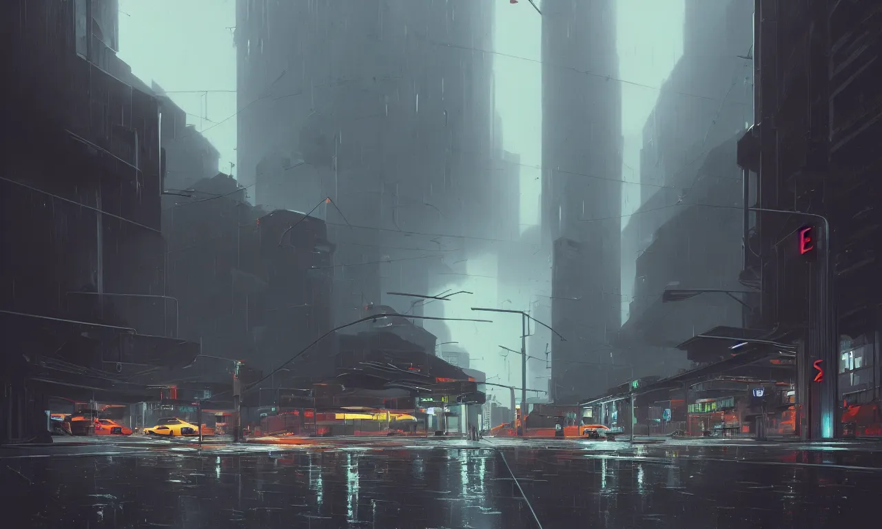 Image similar to photorealistic streetscape, simple brutalist architecture, metal, concrete, wet streets, neon lights, neon signs, flying vehicles, pedestrians, greg rutkowski, syd mead, ralph mcquarrie, concept art, matte painting, finely detailed, minimal artifacts, rule of thirds, dynamic lighting, cinematic, denoised, centered, artstation