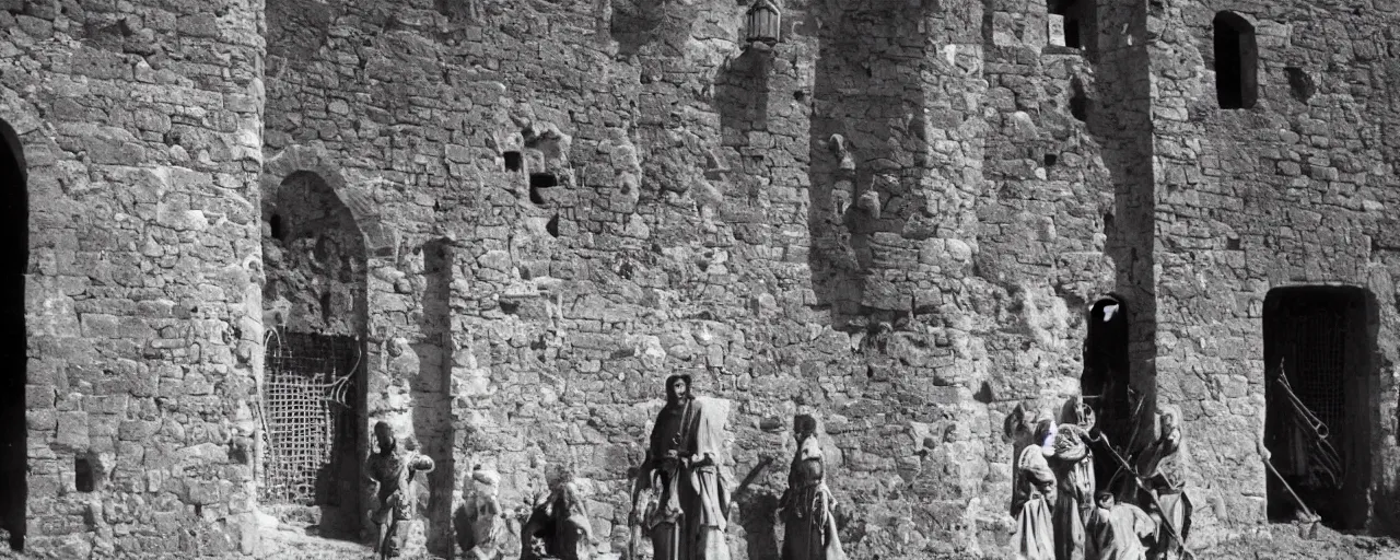 Image similar to a medieval castle with knights protecting a giant mound of spaghetti behind the walls, canon 5 0 mm, super detailed face, facial expression, cinematic lighting, photography, retro, film, kodachrome