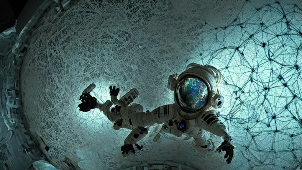 Image similar to a astronaut eva suit covered in diamond 3d fractal lace iridescent bubble 3d skin and covered with insectoid compound eye camera lenses floats through the living room, film still from the movie directed by Denis Villeneuve with art direction by Salvador Dalí, wide lens,