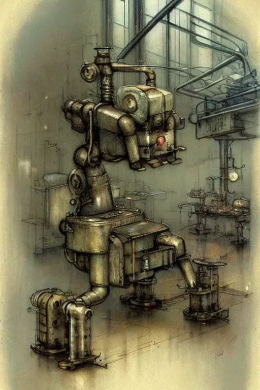 Image similar to ( ( ( ( ( 1 9 5 0 s robot factory interior. muted colors. ) ) ) ) ) by jean - baptiste monge!!!!!!!!!!!!!!!!!!!!!!!!!!!!!!