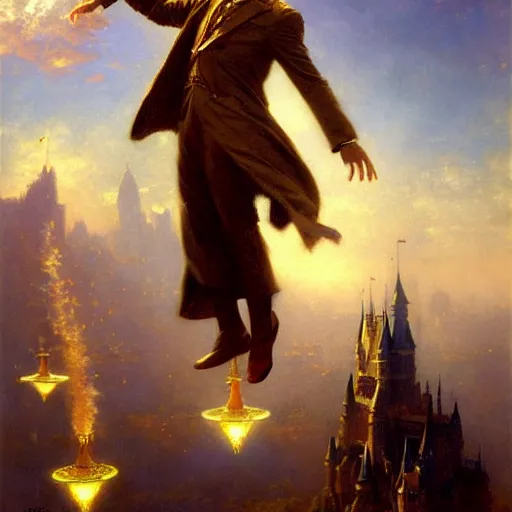 Prompt: stunning male master wizard magically levitating a huge castle in the air, highly detailed painting by gaston bussiere, craig mullins, j. c. leyendecker, 8 k