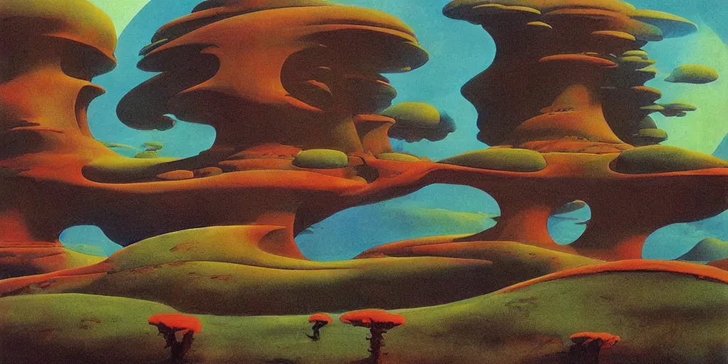 Prompt: extraterrestrial landscape, harmony, by roger dean