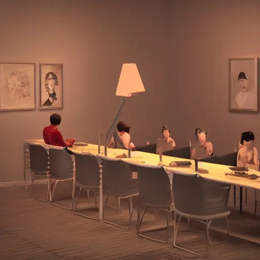 Prompt: postmodern era, social media age, a person sits in a high chair staring delectably, a human moderator chewing on the arbitrary egregore of their community group, art depicting control freak, trending, rendered in eevee, blender 3 d