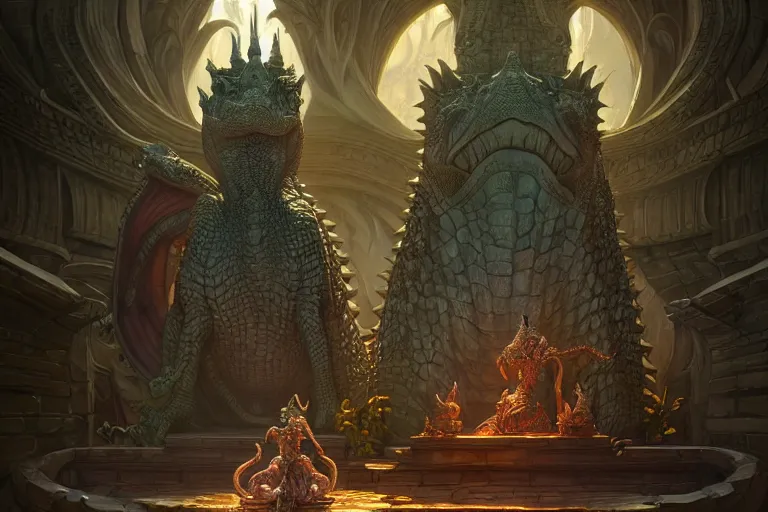 Image similar to crocodile god throne room, menacing statues of reptiles, deep focus, d & d, fantasy, intricate, elegant, highly detailed, digital painting, artstation, concept art, matte, sharp focus, illustration, hearthstone, art by artgerm and greg rutkowski and alphonse mucha