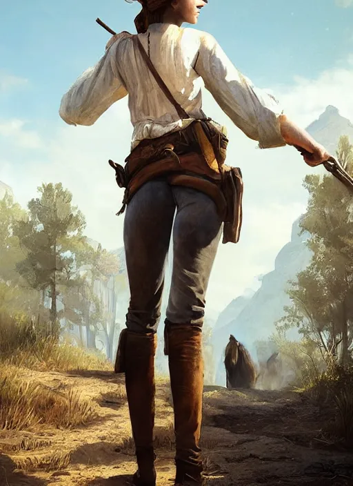 Image similar to highly detailed full body portrait of emma watson red dead redemption art, horse back, unreal engine, fantasy art by greg rutkowski