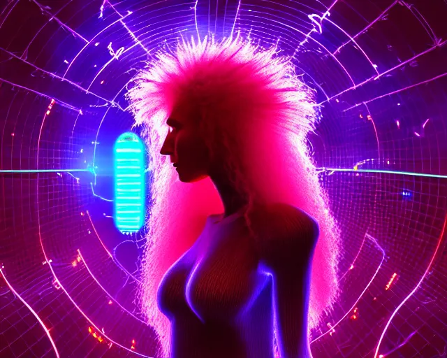 Image similar to glowing hair, complex cybernetic beings, beautiful hairy humanoids, cybermagnetosphere, cybernetic civilizations, ornate hair, love, joy, vortexes, large arrays, data holograms, 8 k, cinematic light shadows, wet hdr refractions, *, * * *, * * * * *