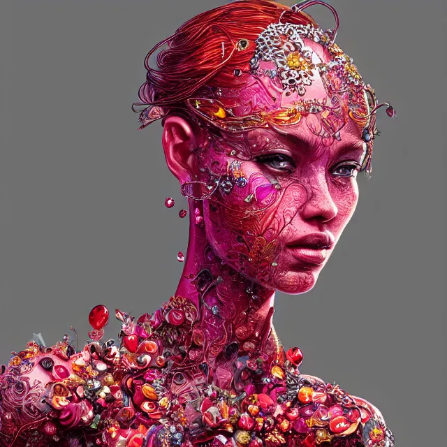 Prompt: an absurdly beautiful, elegant, young hypercolorful sensual woman made of rubies and red gems, ultrafine hyperrealistic detailed face illustration by kim jung gi, irakli nadar, intricate linework, sharp focus, bright colors, matte, octopath traveler, final fantasy, unreal engine highly rendered, global illumination, radiant light, intricate environment