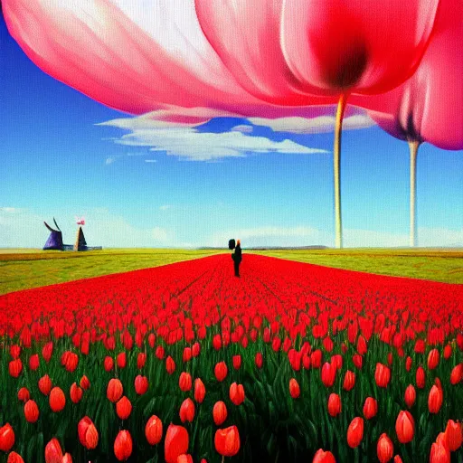 Image similar to giant tulip head dutch girl, surreal photography, flower field, sunset dramatic light, impressionist painting, colorful clouds, blue sky, digital painting, artstation, simon stalenhag