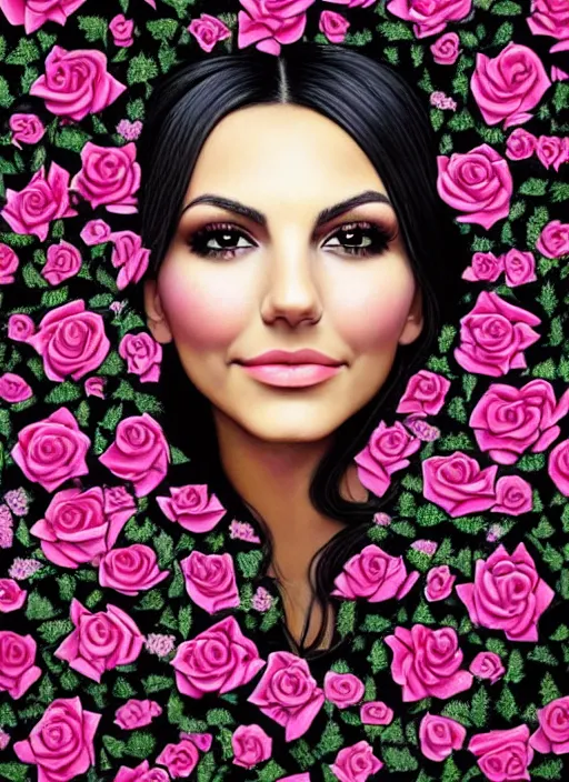 Image similar to amazingly complex portrait of Victoria Justice laying in a bed of black roses as a goddess staring curiously at you. soft detailed painting at 16K resolution and amazingly epic visuals. epically beautiful image. amazing effect, image looks gorgeously crisp as far as it's visual fidelity goes, absolutely outstanding. vivid clarity. ultra detail. iridescent. mind-breaking. mega-beautiful pencil shadowing. beautiful face. Ultra High Definition. soft shading. soft texture. intensely beautiful.