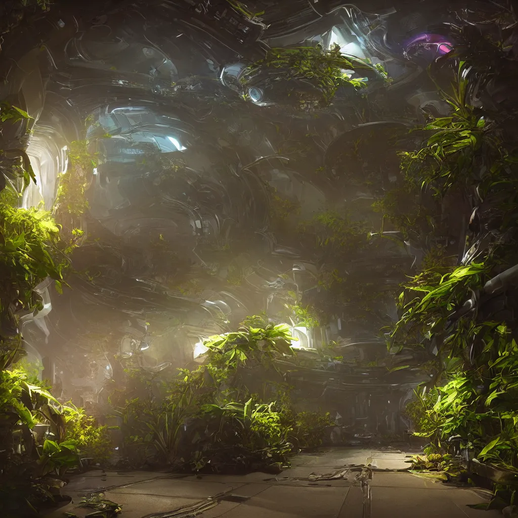 Image similar to science fiction spaceship corridor colorful alien strange plants vegetation infestation, gloomy unreal engine, cinematic lighting