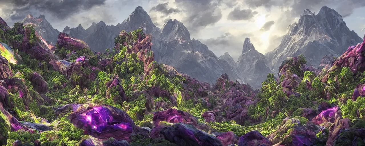 Prompt: An alien landscape with mountains made of gems, and strangely shaped trees and plants, photorealism, detailed, intricate,