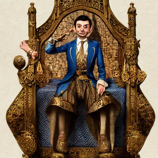 Prompt: Mr. Bean depicted as a medieval king on his throne, fantasy, intricate, ornate, Hyperdetailed, digital art, behance, artstation, smooth, sharp focus, bokeh, illustration, digital painting, elegant, symmetrical