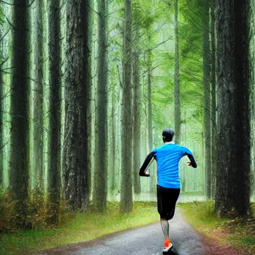 Prompt: athletic guy runs through a forest with tall trees, acid-green sneakers, a photo from the back, art by Kirkman Robert, perspective