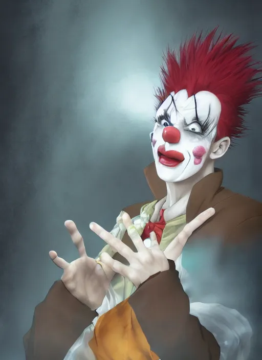 Image similar to portrait of the clown removing his makeup, anime fantasy illustration by tomoyuki yamasaki, kyoto studio, madhouse, ufotable, trending on artstation