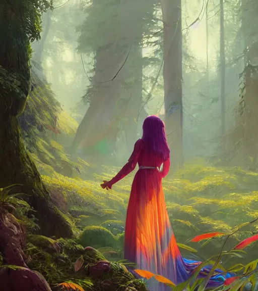 Image similar to highly detailed portrait of women wearing rainbow gown in middle of colorful forest in gta v, stephen bliss, unreal engine, fantasy art by greg rutkowski, loish, rhads, ferdinand knab, makoto shinkai and lois van baarle, ilya kuvshinov, rossdraws, tom bagshaw, global illumination, radiant light, detailed and intricate environment