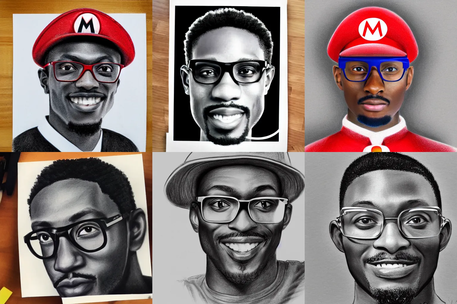 Prompt: pencil drawing of MKBHD as mario, wears glasses, 4k