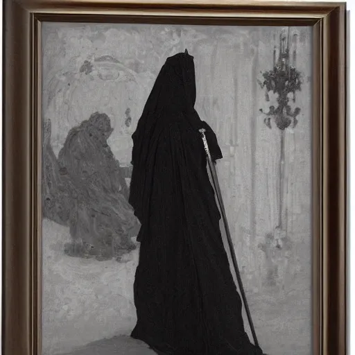 Image similar to Back view of the grim reaper, curvy, intricate, maximalism, deep shadows, award winning, by Ilya Repin