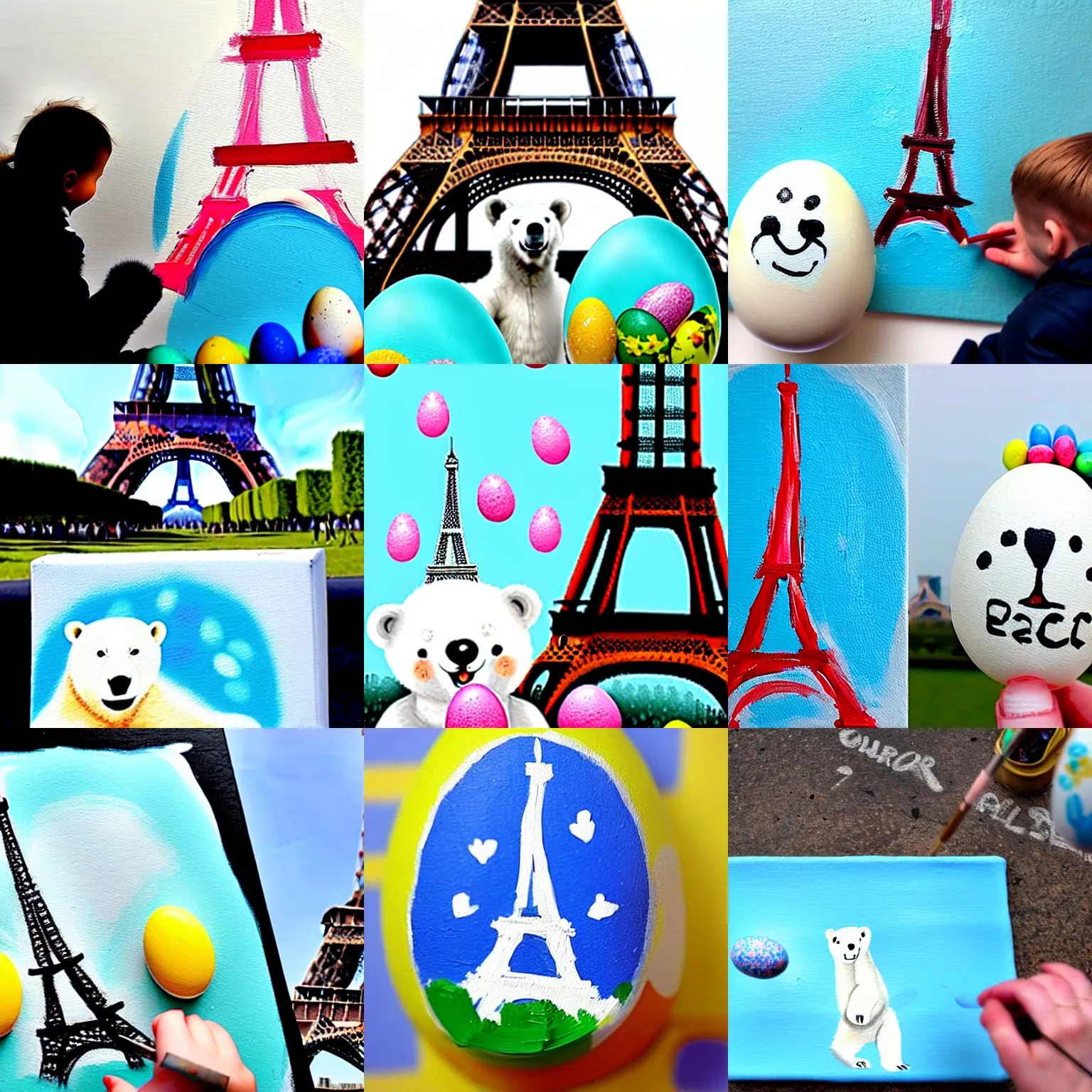 Image similar to A polar bear painting easter eggs in front of the Eiffel Tower