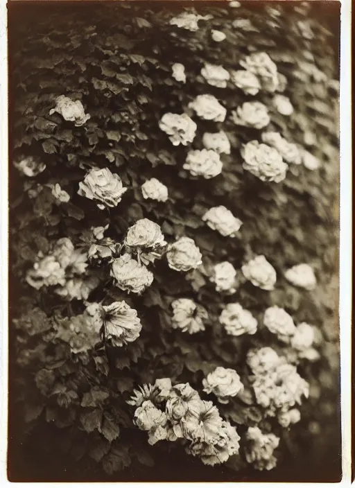 Prompt: maximalist floral portrait photography by eugene atget and by ansel adams, portra 4 0 0, intense shadows, warm hue, strong vignette, polaroid aesthetic