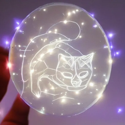 Prompt: a transparent cat made of glass, delicate work of art, colored light,