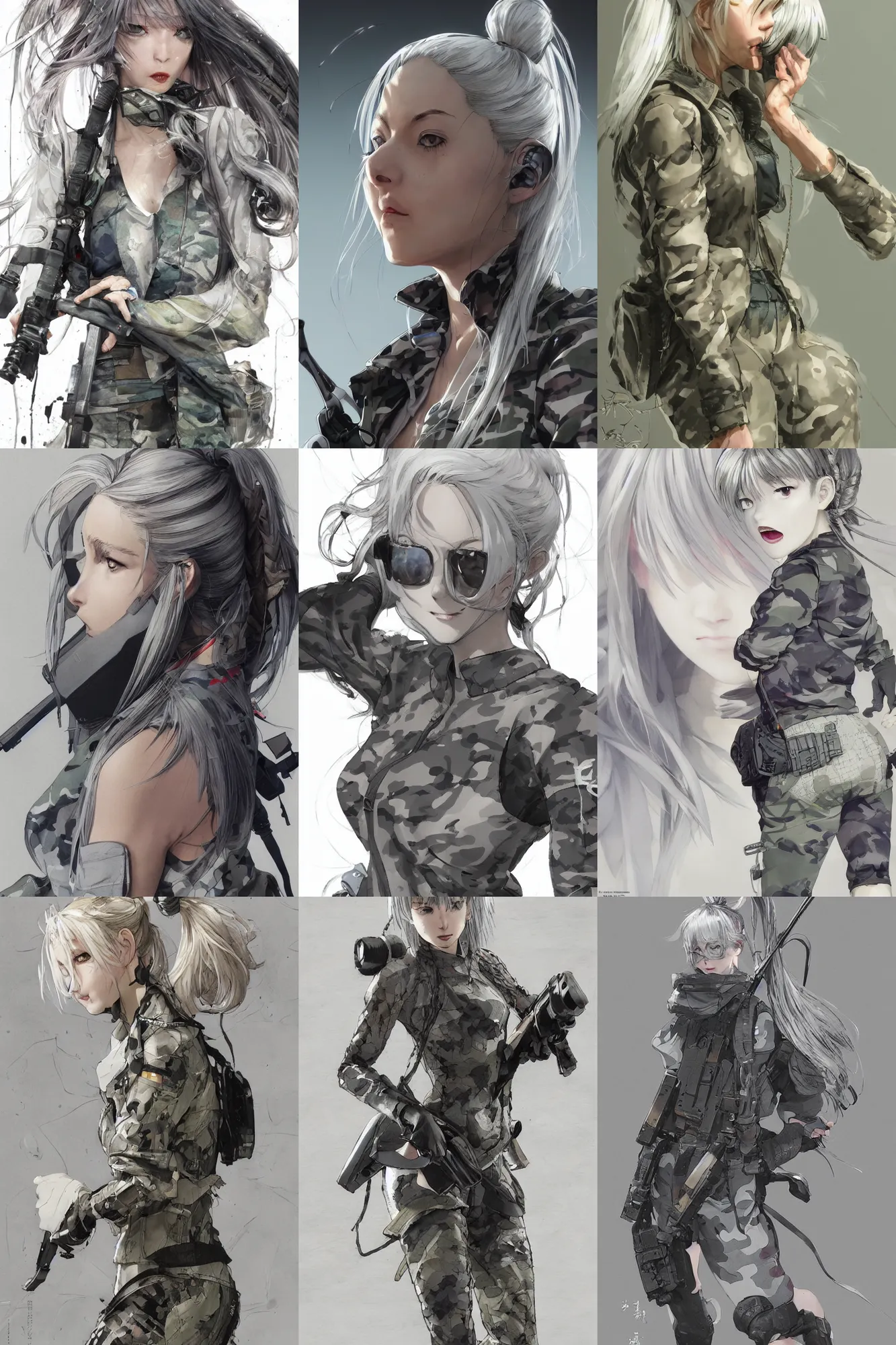 Prompt: girl, silver hair (ponytail), (((winking))), multicam (camo), (trending on artstation), (detailed), cinematic full body shot, ilustration by Takehiko Inoue (((and Yoann Lossel))) (((((and Yoji Shinkawa)))))