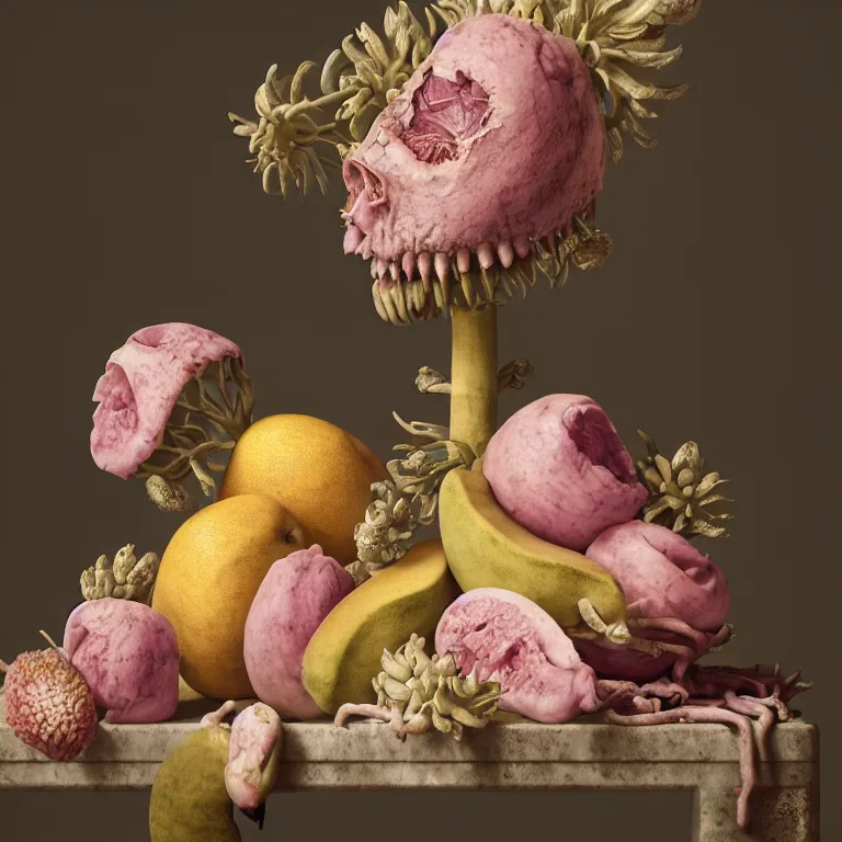 Prompt: still life of rotten flesh, beautiful pastel flowers, human spine, tropical fruit baroque painting, beautiful detailed intricate insanely detailed octane render, 8K artistic photography, photorealistic