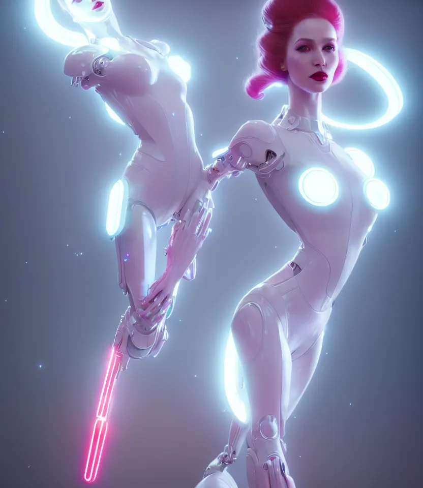 Image similar to beautiful fantasy woman android with bright lipstick wearing glowing white dress with white fur, seductive pose, futuristic, ultra realistic, dramatic lighting, robots, highly detailed by peter mohrbacher, hajime sorayama, wayne barlowe, boris vallejo, aaron horkey, gaston bussiere, craig mullins, octane render, cycles render, vray, iridescent