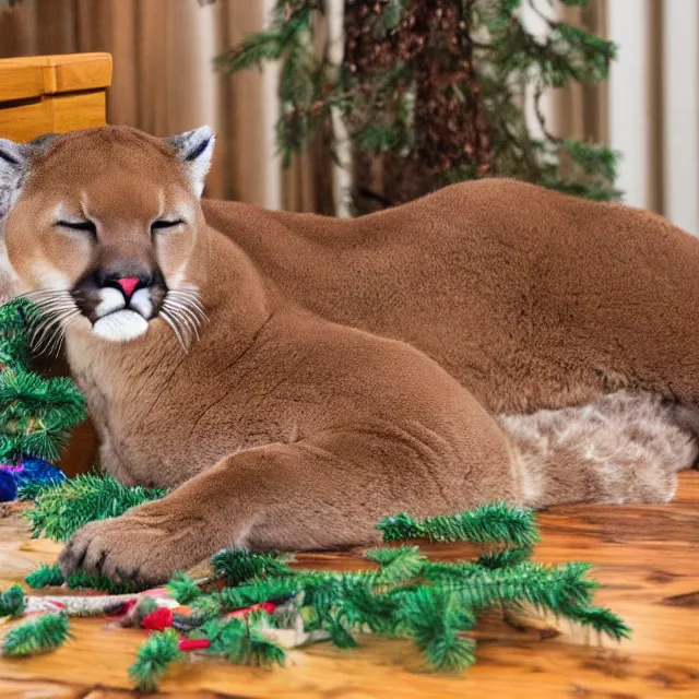 Prompt: crayon colouring book showing 'a cougar sleeping in the middle of snowy pine tree' laying on coffee table, zoomed out shot, HD