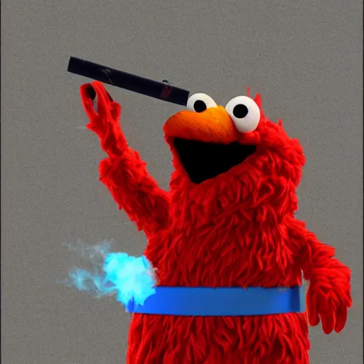 Image similar to elmo wearing a durag smoking a ciggarette, 8 k, photorealistic mugshot