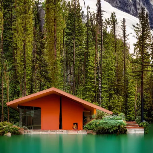 Image similar to wes anderson style modern futuristic house near the lake, snowy mountains and green forest, cinematic, realism, photo, detailed