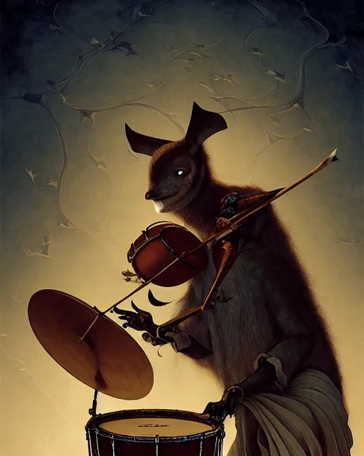 Prompt: anthropomorphic art of a bat playing the drum set, medieval clothing by artgerm, victo ngai, ryohei hase, artstation, highly detailed digital painting, smooth, global illumination, fantasy art by greg rutkowsky, karl spitzweg