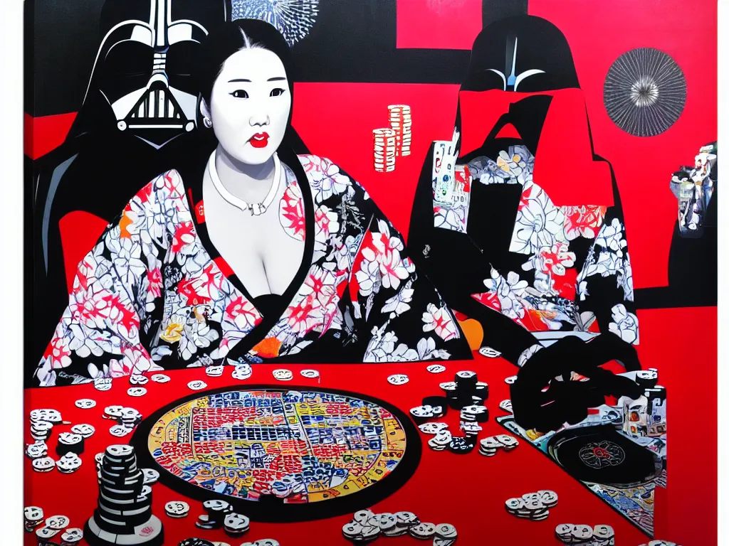 Image similar to hyperrealism composition of the detailed woman in a japanese kimono sitting at an extremely detailed poker table with darth vader, fireworks and folding screen on the background, pop - art style, jacky tsai style, andy warhol style, acrylic on canvas