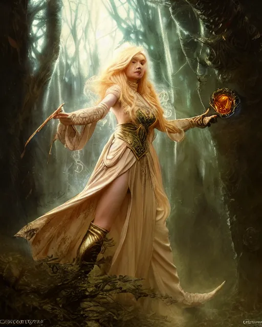 Image similar to blonde sorceress with a cloak and fantasy armor casting a spell in the forest, fantasy character portrait, ultra realistic, concept art, intricate details, highly detailed by greg rutkowski, gaston bussiere, craig mullins, simon bisley