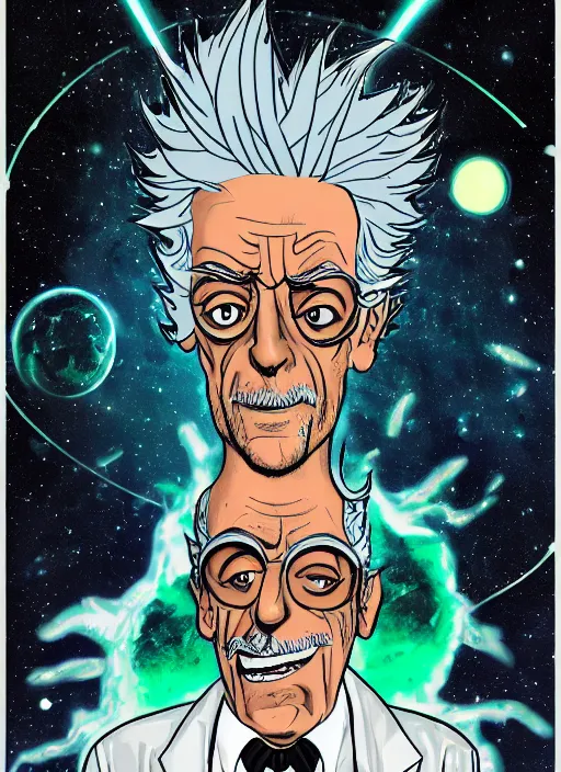 Image similar to Christopher Lloyd as Rick Sanchez on the cover of Galaxy Science Fiction, 1965, detailed, epic, vintage 1960s print, trending on artstation