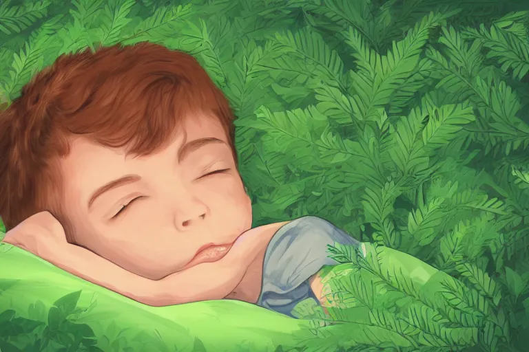 Image similar to a beautiful illustration of a little cute boy on his bed dreaming about a beautiful green forest, detailed face, beautiful colors, digital art