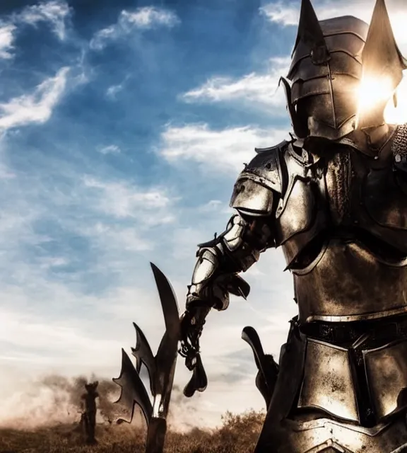 Prompt: gigachad as an armored crusader, posing heroically heavenly sunlit clouds background close-up shot