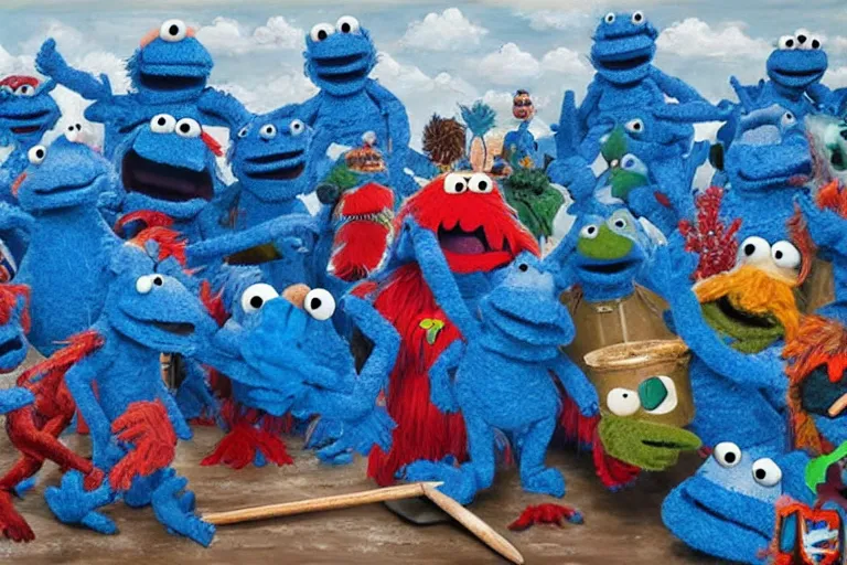 Prompt: big dumb blue giant muppet, leading an army of small blue muppets against the evil red muppet army. oil painting. the battle is horrific. masterwork oil painting. historic battle. important event.