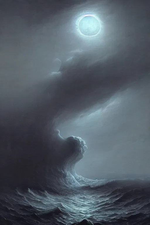 Prompt: A stunning detailed Shoggoth by Zdzisław Beksiński and Ivan Aivazovsky, stormy ocean, beautiful lighting, full moon, detailed swirling water tornado, artstation