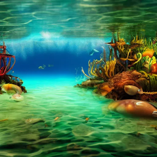 Prompt: professional photo of an underwater beach similar to level of donkey kong country, by discovery magazine, dolphin underwater, real life, photorealistic, soft focus, long exposure