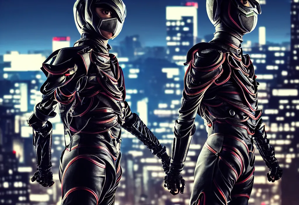 Prompt: large belted kamen rider dynamic pose, human structure concept art, human anatomy, full body hero, intricate detail, hyperrealistic art and illustration by a. k. a limha lekan a. k. a maxx soul and alexandre ferra, global illumination, blurry and sharp focus, on future tokyo night rooftop, frostbite engine