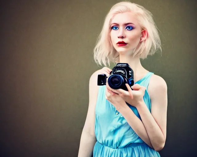 Prompt: pale young woman with bright blonde hair, freckles, blue eyes and a wide face, flowery dress, she is holding a professional dslr camera close to her face, dramatic lighting, bright flare, surreal art by anna nikonova