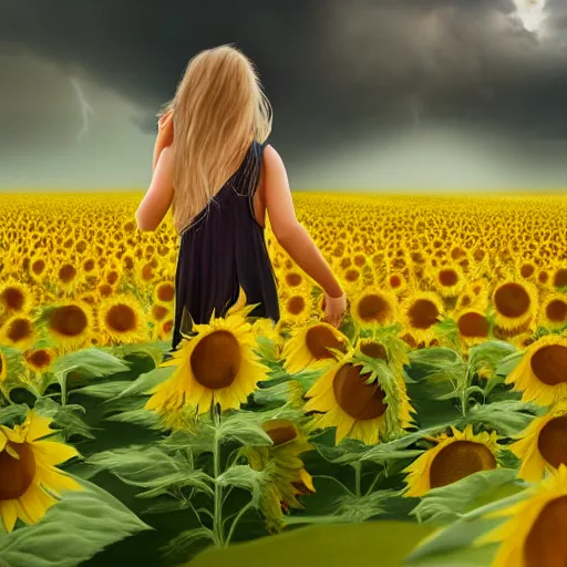 Image similar to a girl slowly walking through amazing tall sunflower field, hair flowing, early morning lightning, bad weather approaching, a storybook illustration by louise abbema, cgsociety, magical realism, reimagined by industrial light and magic, volumetric lighting, cinematic lighting