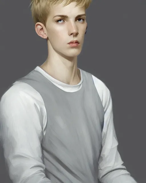 Image similar to portrait of 1 5 - year - old boy, a tall, slender boy with a pale, pointed face, sleek blond hair, and ice grey eyes, cold grey eyes, highly detailed, digital painting, artstation, concept art, smooth, sharp focus, illustration, art by artgerm and greg rutkowski and alphonse mucha