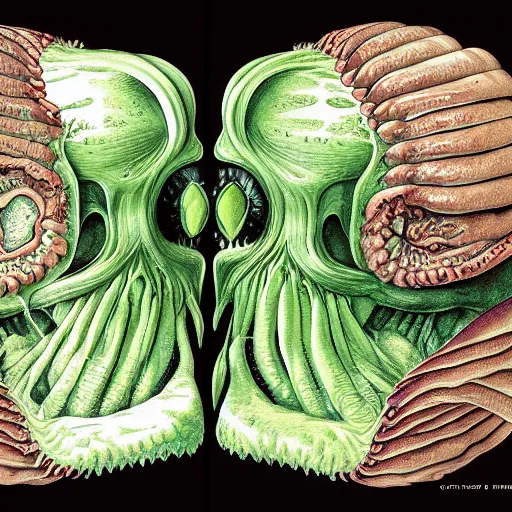 Image similar to cthulhu cross section scientific illustration biology book, highly detailed