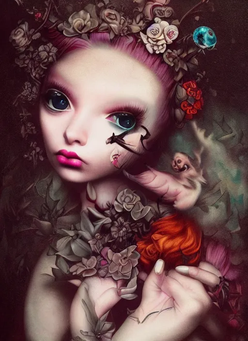 Image similar to pop surrealism, lowbrow art, realistic cute girl painting, japanese street fashion, hyper realism, muted colours, rococo, natalie shau, loreta lux, tom bagshaw, mark ryden, trevor brown style,