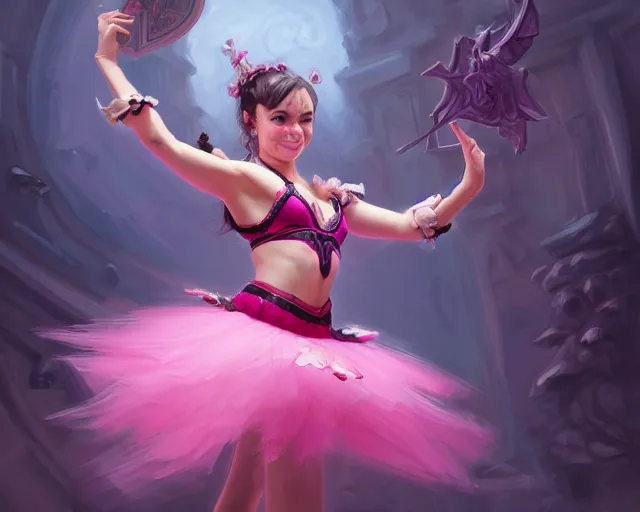 Image similar to photography of jack black dancing in a pink ballerina outfit, full body shot, deep focus, d & d and mtg, fantasy, intricate, elegant, highly detailed, digital painting, artstation, concept art, matte, sharp focus, illustration, hearthstone, art by stanley lau and artgerm