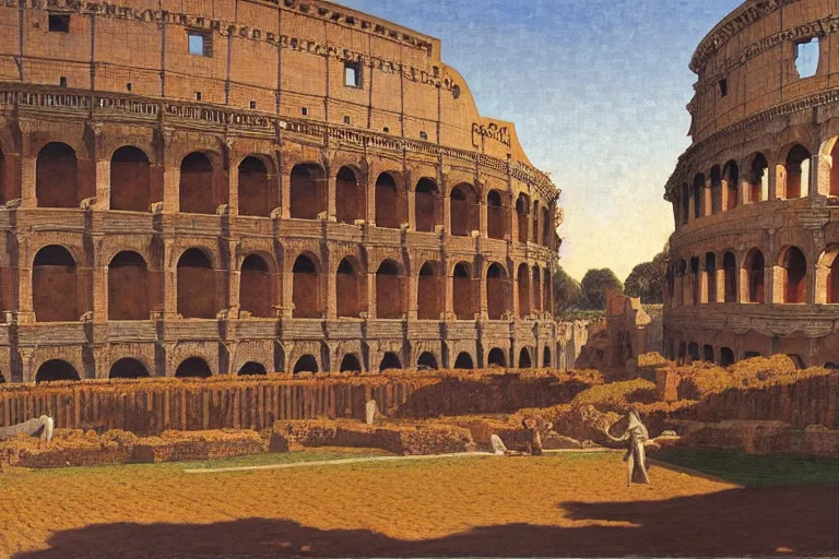 Prompt: painting of a the ancient rome, coliseum, sunset, chill, romantic, by ludwig deutsch and maxfield parrish, patterned tilework, extremely detailed, cinematic lighting, smooth sharp focus