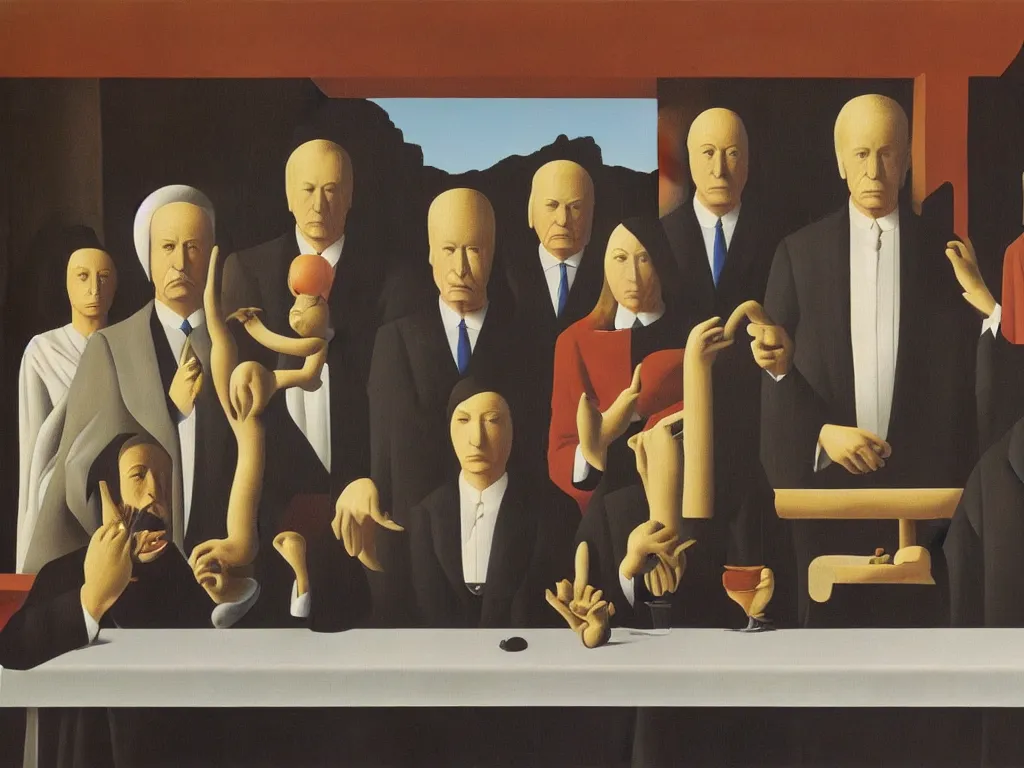 Image similar to last supper painting magritte, renaissance, american gothic