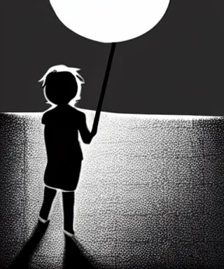 Image similar to little boy standing, holding umbrella, at night, full moon, cute anime style, black and white artwork, minimalist background