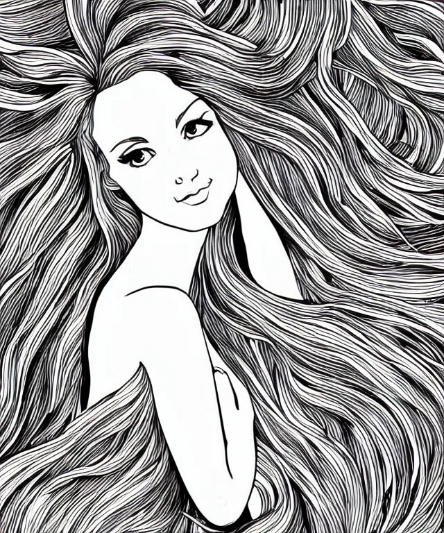 Image similar to black and white illustration, beautiful mermaid with flowing hair